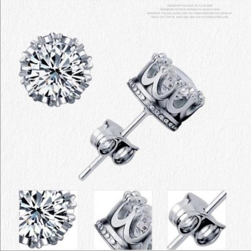 925 STERLING SILVER DIAMOND CROWN STUD EARRINGS - Picture 6 of 6